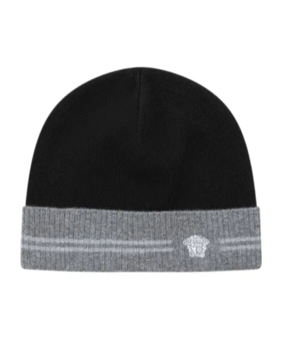 Versace Two-tone Knit Beanie In Black