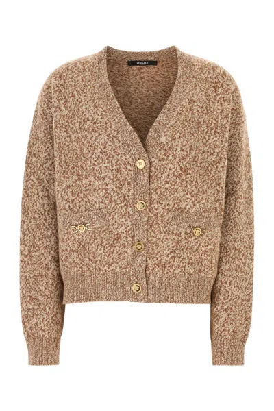 Versace Two-tone Wool Blend Cardigan In Brown