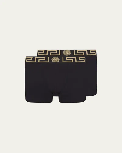 Versace Two-pack Greca Border Long Boxer Trunks In Black
