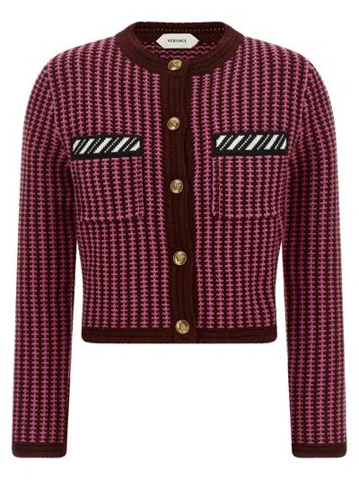 Versace Two-tone Crochet Wool Cardigan In Pink