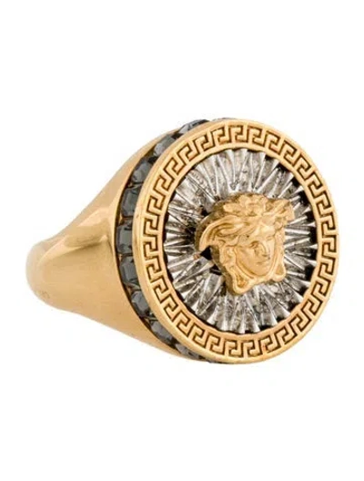 Pre-owned Versace Two-tone Crystal Icon Cocktail Ring In Gray