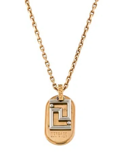 Pre-owned Versace Two-tone Greca Dog Tag Pendant Necklace, 20.5" In Multi