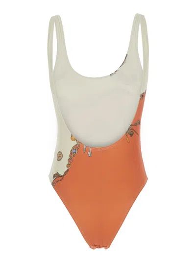 Versace Two-tone Stolen Jewelry Print Tech Fabric Swimsuit With Open Back In Orange