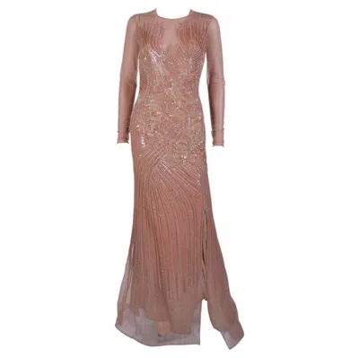 Pre-owned Versace Ultra-rare 2012  Fully Beaded Blush Mesh Gown In Brown