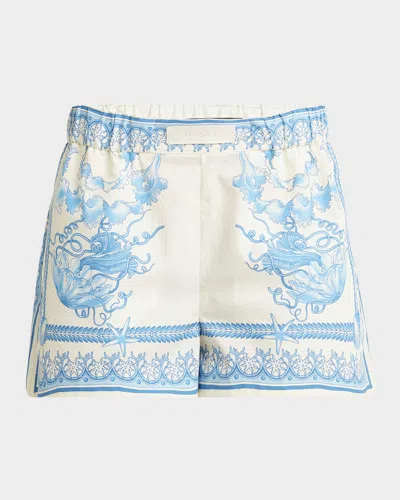 Versace Underwater Barocco Bicolor Foulard Cotton Poplin Pull-on Shorts