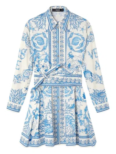 Versace Underwater Barocco Mini Shirt Dress In Blue