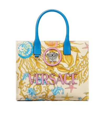 Versace Underwater Barocco Canvas Tote Bag In Brown