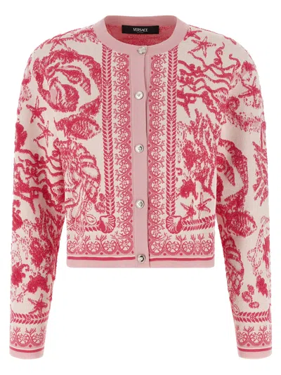Versace Baroque Subaquatique Patterned Crew Neck Cardigan In Pink