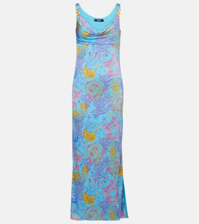 Versace Underwater Barocco Draped Jersey Gown