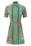 Versace Underwater Barocco Foulard Belted Silk Twill Dress In Green