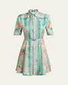 Versace Underwater Barocco Foulard Belted Silk Twill Dress In Green