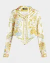 Versace Underwater Barocco Foulard Silk Twill Crop Shirt In Multi