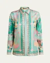 Versace Underwater Barocco Foulard Silk Twill Formal Shirt In Green