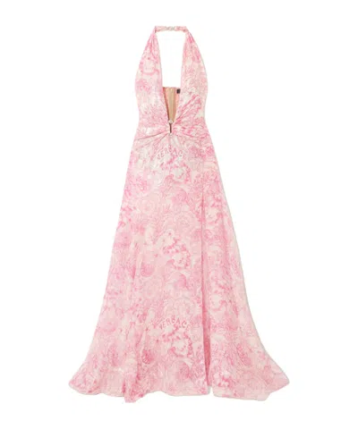 Versace Embellished Metallic Printed Silk-blend Chiffon Gown In Pink