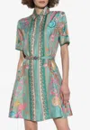 Versace Underwater Barocco Foulard Belted Silk Twill Dress In Green