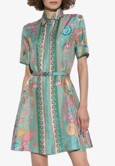 Versace Underwater Barocco Mini Shirt Dress In Green