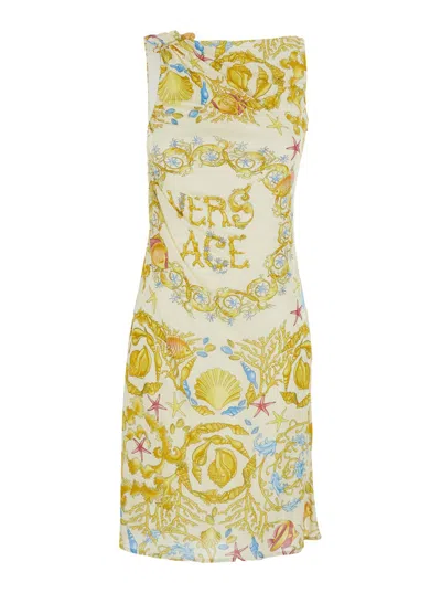 Versace Underwater Barocco Multicolor Sleeveless Dress With Tie Detail On The Sleeve And All-over Barocco Mo