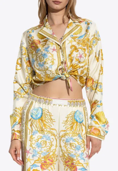 Versace Underwater Barocco Print Knotted Shirt In Multi