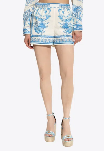 Versace Underwater Barocco Print Mini Shorts In Blue