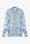 Versace Underwater Barocco Techno Crepon Button-up Shirt In Blue