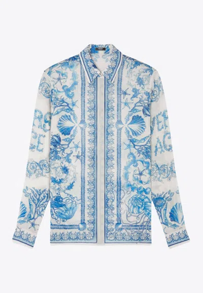 Versace Underwater Barocco Print Shirt In Blue