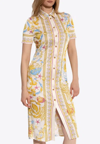 Versace Underwater Barocco Fitted Midi Shirt Dress In Multi