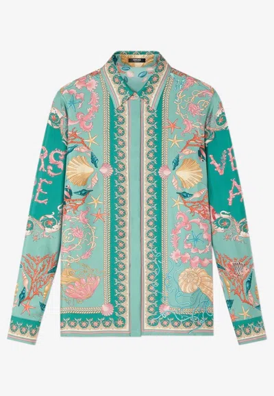 Versace Underwater Barocco Print Silk Shirt In Green
