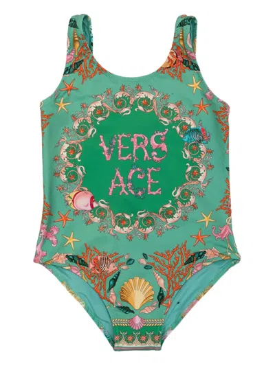 Versace Babies' Underwater Barocco-print Swimsuit In Green