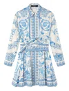 Versace Underwater Barocco Long Sleeve Cotton Poplin Shirtdress In Blue