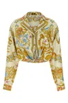 Versace Underwater Barocco Foulard Silk Twill Crop Shirt In Gold