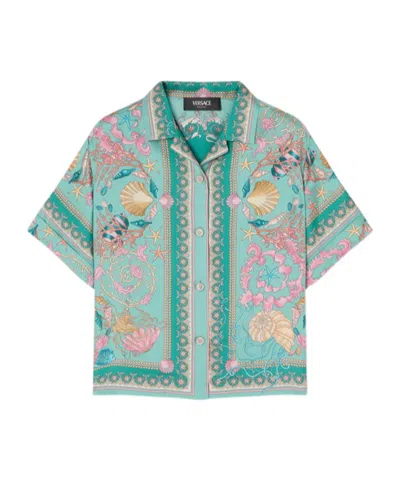 Versace Kids' Underwater Barocco Short-sleeve Shirt In Green