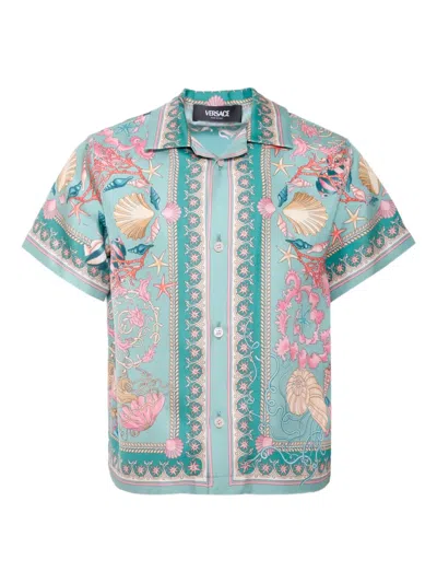 Versace Kids' Underwater Barocco-short-sleeve Shirt In Blue