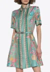 Versace Underwater Barocco Foulard Belted Silk Twill Dress In Multi