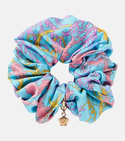Versace Underwater Barocco Silk Scrunchie In Blue