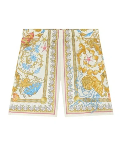 Versace Underwater Barocco Silk Shorts In Gold