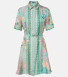 Versace Underwater Barocco Foulard Belted Silk Twill Dress In Green