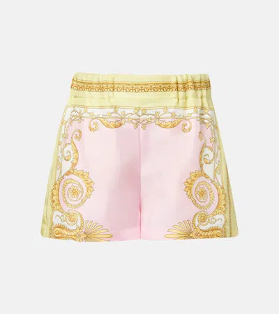 Versace Underwater Barocco Silk Twill Shorts In Yellow