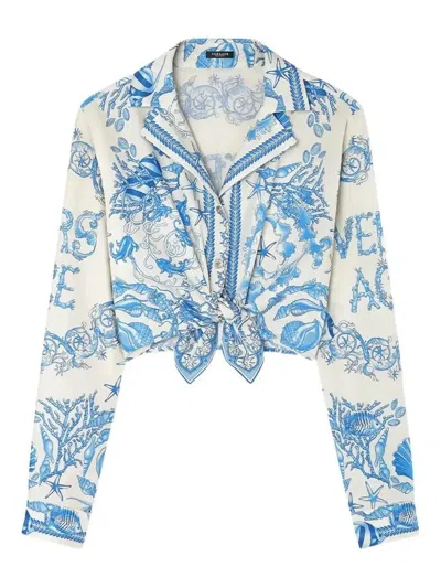 Versace Underwater Barocco Knotted Crop Cotton Shirt