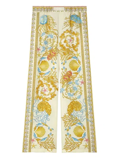 Versace Wide Leg Trousers With Underwater Baroque Print In Yellow