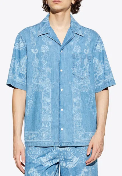 Versace Underwater Print Oversized Denim Shirt In Blue