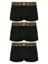 Versace Pack Of 3 Greca Stretch Cotton Boxers In Black Gold