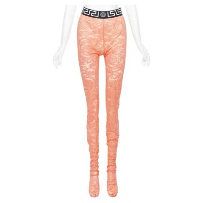 Pre-owned Versace Underwear Medusa Greca Waist Band Orange Floral Lace Tights M