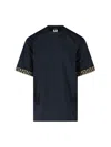 Versace Black Crewneck T-shirt With Greca Pattern On The Sleeves In Blue