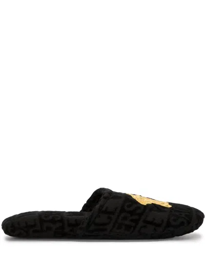 Versace Unisex Embroidered Medusa Terricloth Slippers In Black And Gold