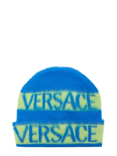 Versace Unisex Mini Beanie With Logo Stripes In Blue