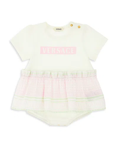Versace Unisex Stretch Jersey Greca Damier Cotton-blend Romper - Baby In White+pink Multicolor