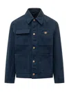 Versace Collared Jacket Front Pockets Gold Tone Hardware In Blue