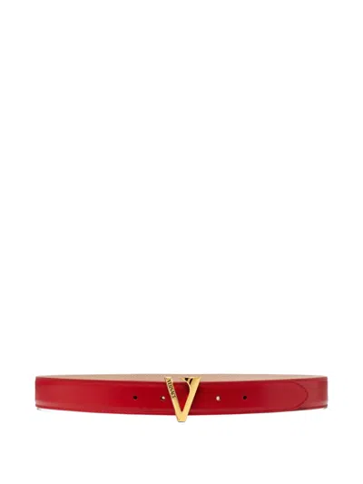 Versace V-buckle Leather Belt In Red