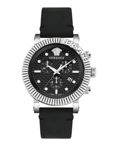 Versace 45mm Ss Blk Dial Blk Strap In Silver
