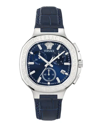 Versace V-chrono Square Leather Watch In Blue